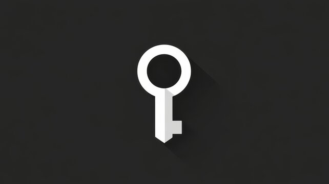 Minimalist white key icon graphic with long drop shadow design concept isolated on dark grey background