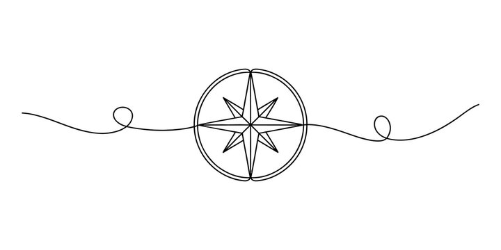 Black line art drawing of a compass rose icon with decorative swirling lines isolated on a clean white background isolated on transparent background