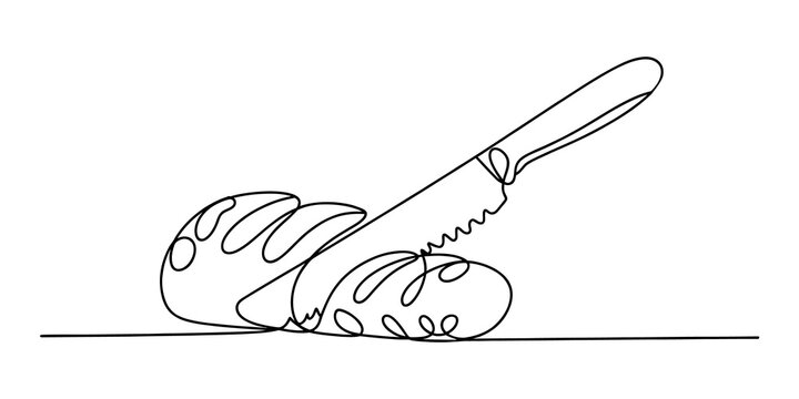 Continuous single line drawing of a bread loaf being sliced by a serrated knife isolated on a white background isolated on transparent background