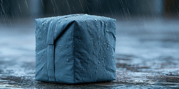 Rain soaked wrapped package outdoors