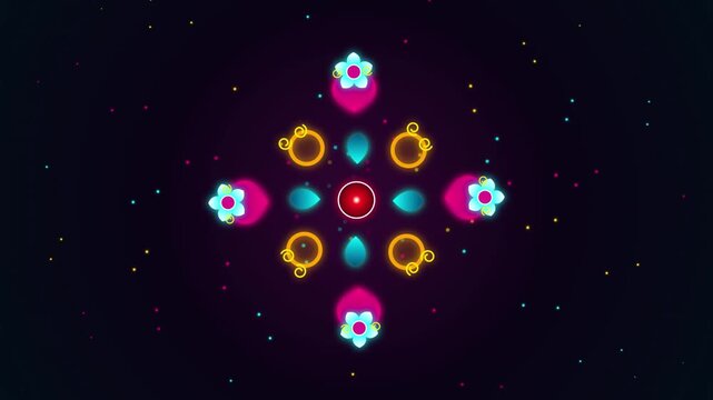 Neon Geometric Mandala Animation with Pulsing Circles and Glowing Floral Patterns on Black Backdrop