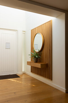Wood slat panel showing round mirror and console holding potted plant, skylight lighting in foyer