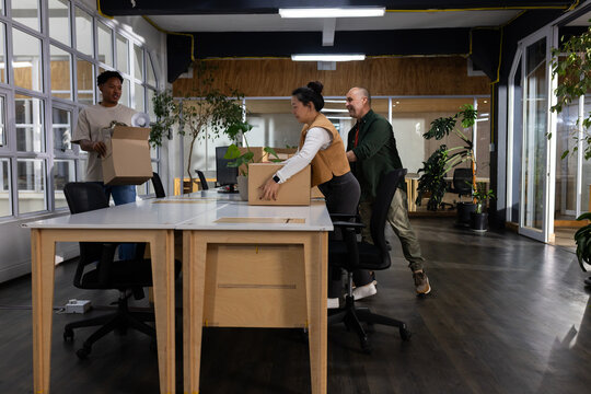 Diverse coworkers moving cardboard boxes and arranging plants on communal desks in modern office