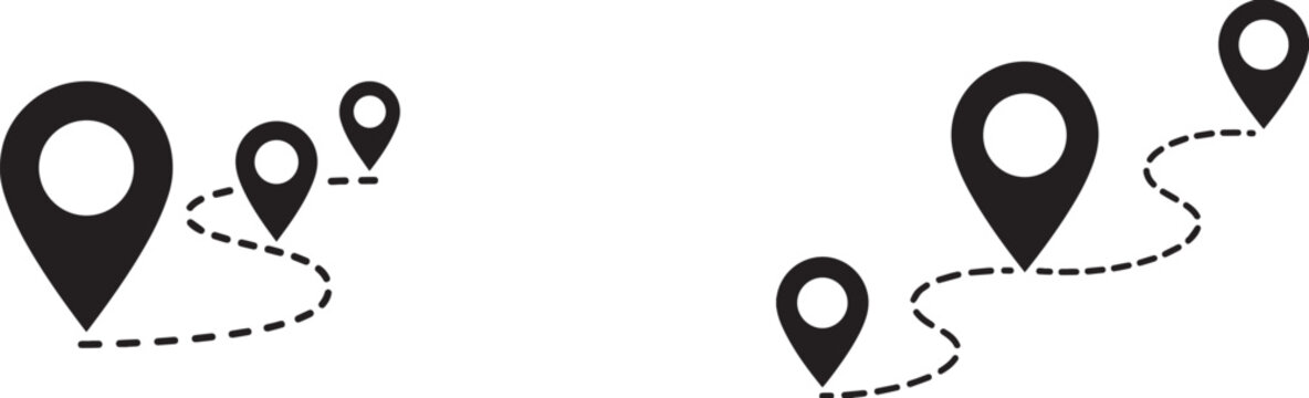 Map pin pointer vector icon set with dashed route lines for travel navigation location tracking flat graphic design.