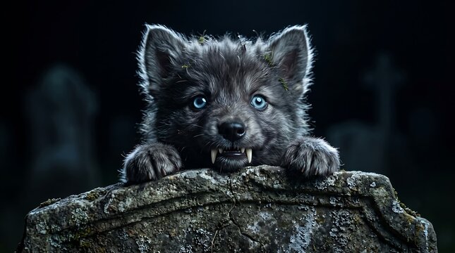 Adorable Spooky Werewolf Pup with Fangs Peeking Over a Tombstone