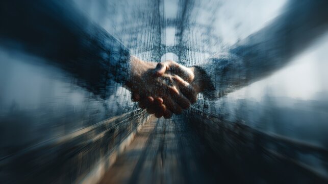 A close-up, dynamic shot of two hands shaking, symbolizing agreement and partnership, set against a blurred background suggesting motion and progress