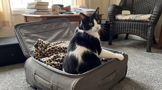A cute black and white tuxedo cat sitting inside an open travel suitcase waiting for a family vacation journey