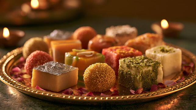 Indian sweets arranged on a large antique brass platter, including orange jalebi spirals, golden gulab jamun.