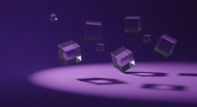 Translucent cubes float and cast shadows on a purple surface, illuminated by a spotlight