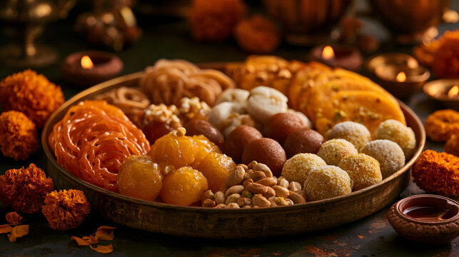 Indian sweets arranged on a large antique brass platter, including orange jalebi spirals, golden gulab jamun.