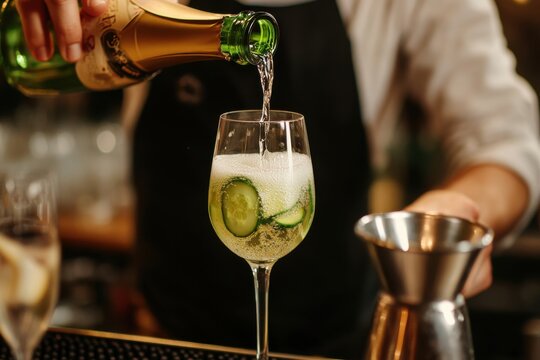 Bartender crafts a crisp cucumber spritz, pouring sparkling wine over ice and fresh green garnishes