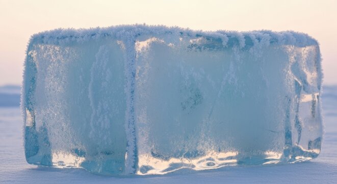 Translucent ice block, frost-covered, rests on snowy surface, soft light