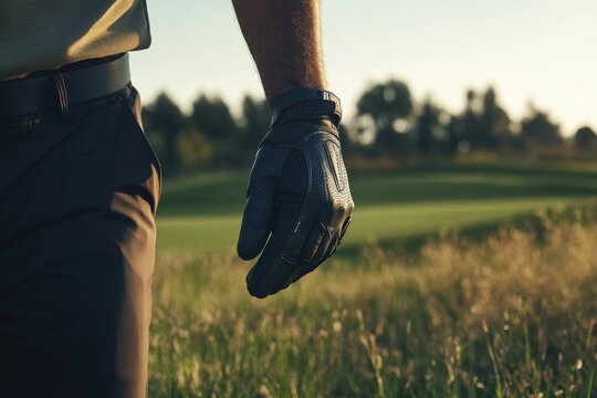 Golfer fastens his glove beside the fairway, dressed in classic country-club attire before teeing off