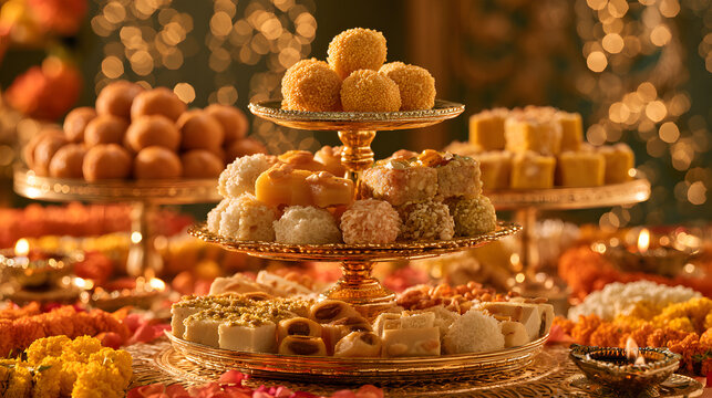 A spectacular colorful collection of Indian Diwali mithai arranged in elegant tiers on a royal golden stand, featuring besan laddoos.