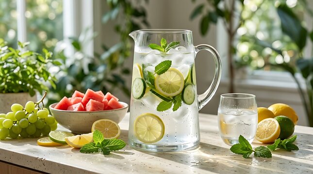 Refreshing infused detox water pitcher filled with crisp cucumber slices, bright yellow lemon rounds, aromatic fresh mint leaves, and ice cubes sitting on a bright sunlit kitchen countertop during sum