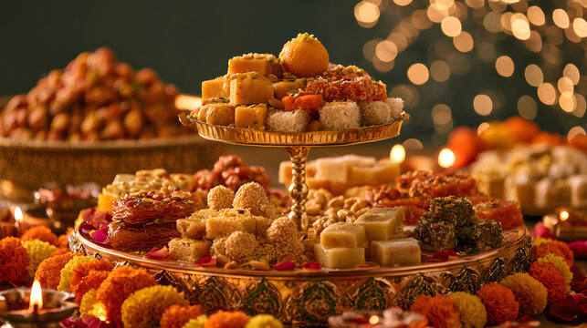 A spectacular colorful collection of Indian Diwali mithai arranged in elegant tiers on a royal golden stand, featuring besan laddoos.
