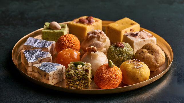 Indian Diwali mithai platter beautifully arranged with kaju katli topped with silver work.