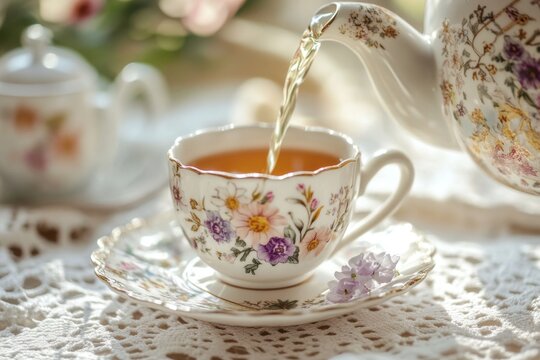 A graceful tea service unfolds as amber tea fills a flower-patterned cup atop an intricate lace runner