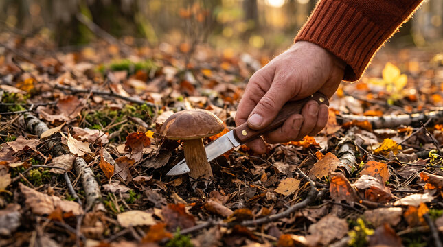 Hand cutting wild porcini mushroom with knife in autumn forest