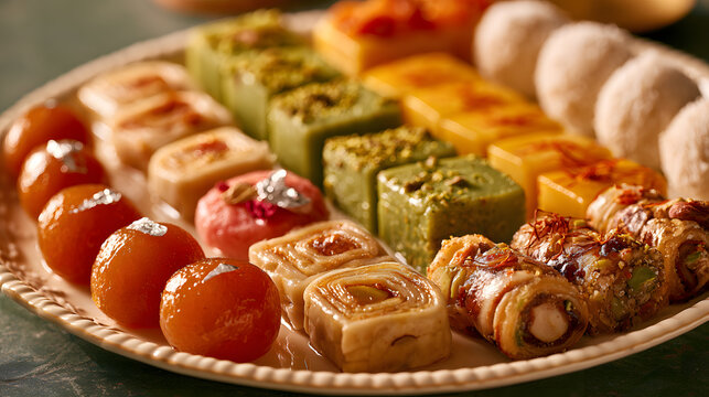 Indian festive sweets arranged beautifully in artistic rows on a luxurious ivory ceramic platter.