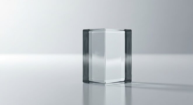 Transparent glass cube with dark gray framing, subtly reflecting light on a white surface