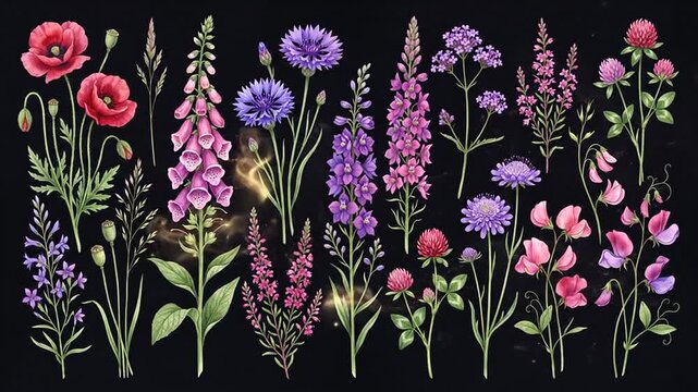 Beautiful watercolor wildflowers collection glowing on dark background