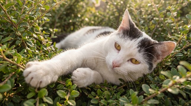 White and black cat relaxing and stretching claws while resting peacefully in a lush green bush during the beautiful golden sunset light