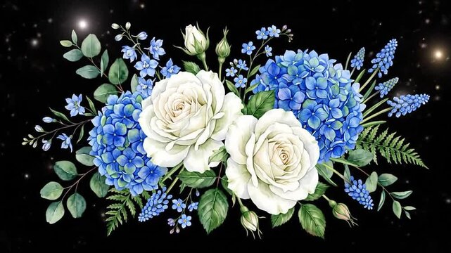 Animated watercolor floral bouquet with white roses and blue hydrangeas on dark background