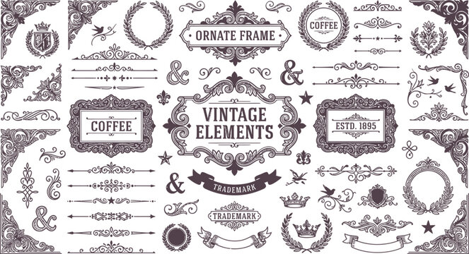 Vintage elements and ornate frame collection, decorative Victorian border set, elegant filigree flourishes and dividers for wedding invitations