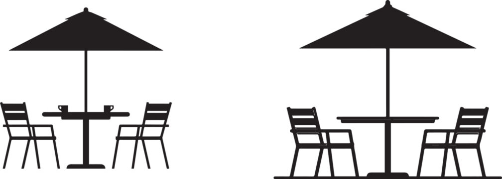 Patio cafe table with umbrella and chairs vector icon set for outdoor dining resort furniture flat graphic design.