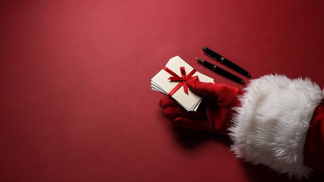 Santa claus hand wearing a red glove holding a stack of blank white cards tied with a red ribbon and two black pens on a deep red background