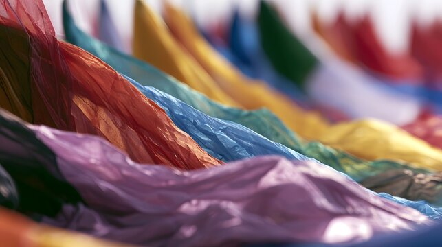 A row of colorful fabric flags draped in folds  catching light with vibrant hues in a shallow depth of field