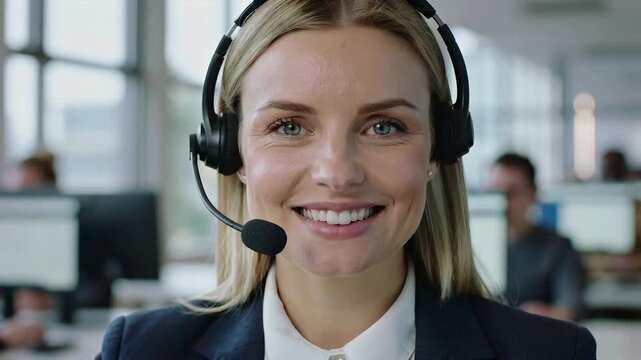 Customer service employee helps clients in a busy office environment while using a headset and smiling