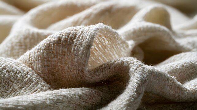 Close up of textured cream colored woven fabric with soft folds and natural fiber details under warm lighting
