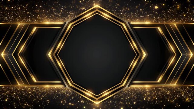Elegant golden hexagonal frames with bokeh glitter in a dark luxurious abstract background