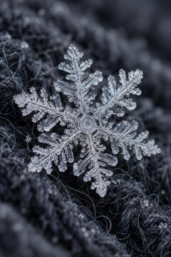 Detailed snowflake ice crystal resting on dark fabric in extreme macro winter photography
