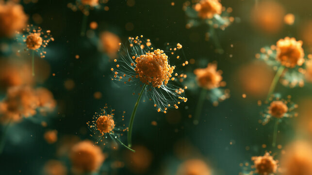 Microscopic mold spore abstract biology floating particle fungal colony organic texture orange sphere soft focus bokeh background closeup detail scientific art Microscopic mold spore abstract