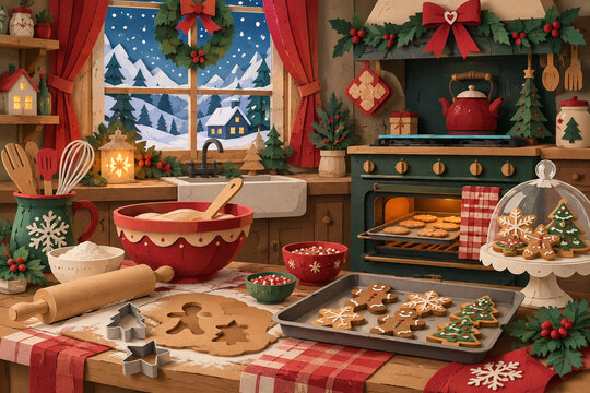 Paper cut Christmas kitchen baking scene
