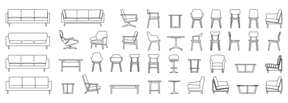 Architectural Furniture Elevation CAD Vector Set with Modern Sofas Lounge Chairs Armchairs Tables Desks and Cabinets in Black Silhouette for Interior Design Section Drawings