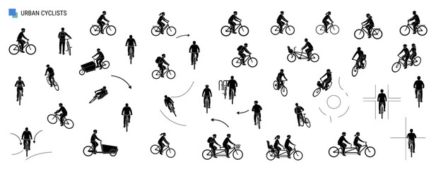 Obraz na płótnie Canvas Top View Cyclist Silhouette Set with Overhead Bicycle Riders and Black Human Figures for Architectural Site Plans, Urban Mapping and Landscape Design, Vector Illustration