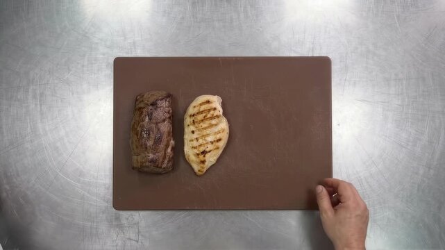 Chef arranging roast beef grilled chicken ham and sausage on brown cutting board haccp