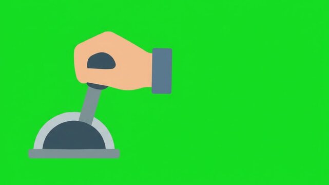 Hand pressing a mechanical stamp lever animation isolated on a bright green screen background