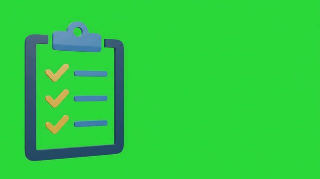 Checklist clipboard with yellow check marks animation on green screen for tasks, goals and productivity
