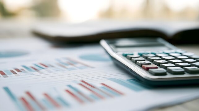 A close up view of a calculator resting on printed financial charts with blurred background elements