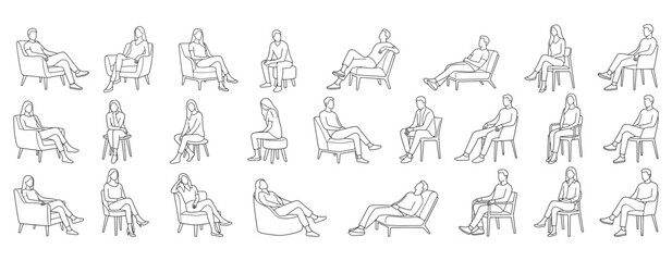 Obraz na płótnie Canvas Modern Fashion Figures in Seated and Relaxed Poses, Architectural Entourage of Women on Lounge Chairs and Stools, Minimal Outline Vector Illustration