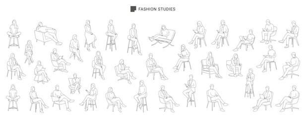 Obraz na płótnie Canvas Seated Fashion Models Architectural Drawing Collection, Elegant Women Relaxing on Chairs and Stools in Contemporary Interiors, Minimal Hand Drawn Vector Illustration