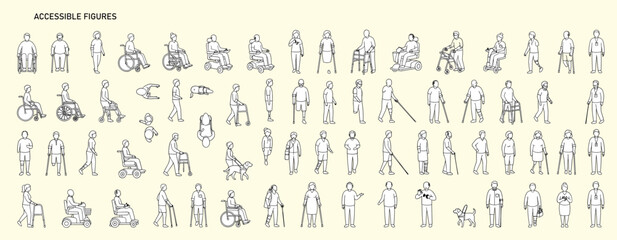 Obraz na płótnie Canvas Wheelchair Users and Disabled People Architectural Drawing Set, Front View Figures Using Crutches and Walking Aids, Accessibility and Mobility Vector Illustration