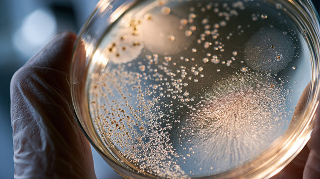 Petri dish bacteria microbiology laboratory science research culture microorganism closeup transparent colony agar experiment analysis sample sterile hand glove reflection macro circular glass