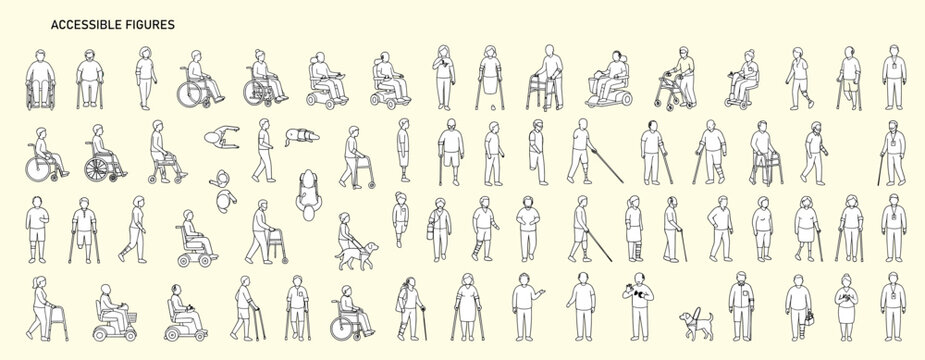Wheelchair Users and Disabled People Architectural Drawing Set, Front View Figures Using Crutches and Walking Aids, Accessibility and Mobility Vector Illustration