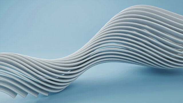 Abstract wave shape made of white parallel tubes on a blue background